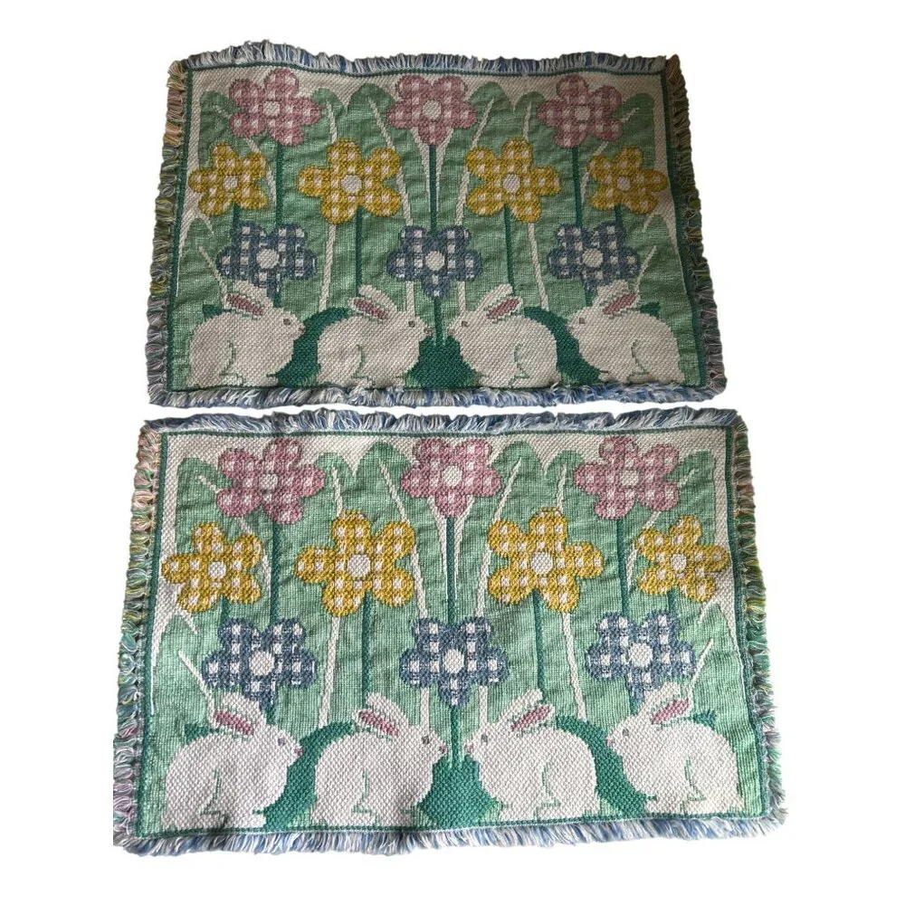 Park B Smith 6 Multicolored Woven Bunny & Flower Pattern Cotton Placemats Easter